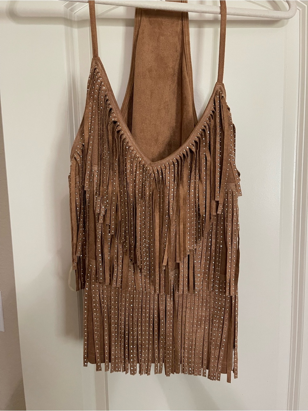 Main Strip Tan Suede-Look Fringe top with Studs